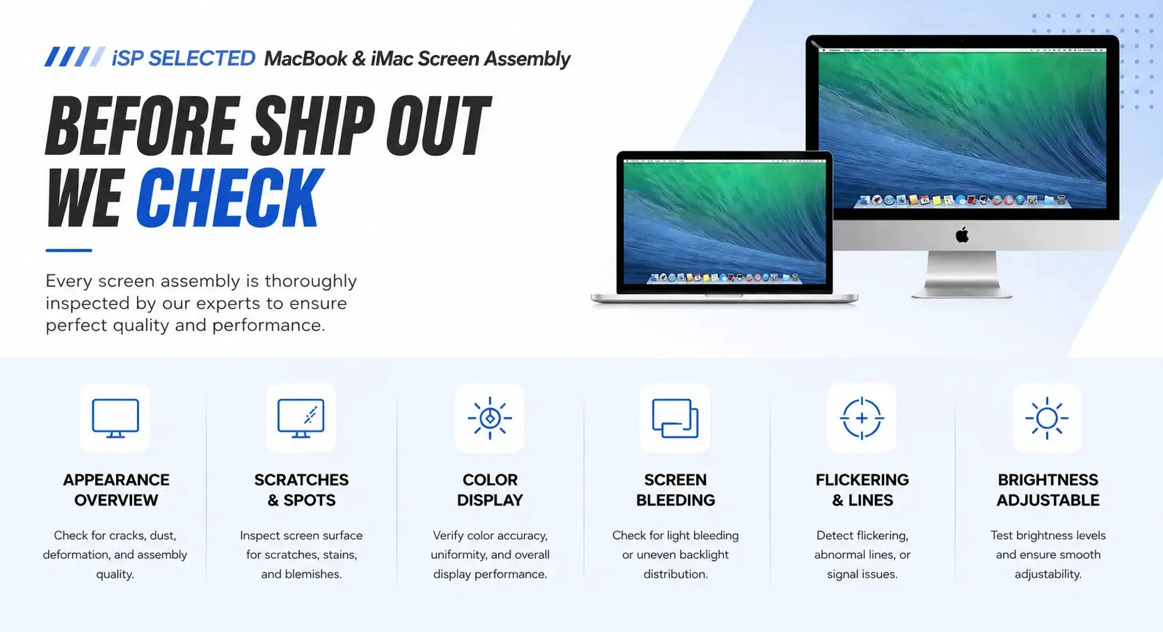 iSP Selected MacBook and iMac screen assembly: every screen is inspected before it ships